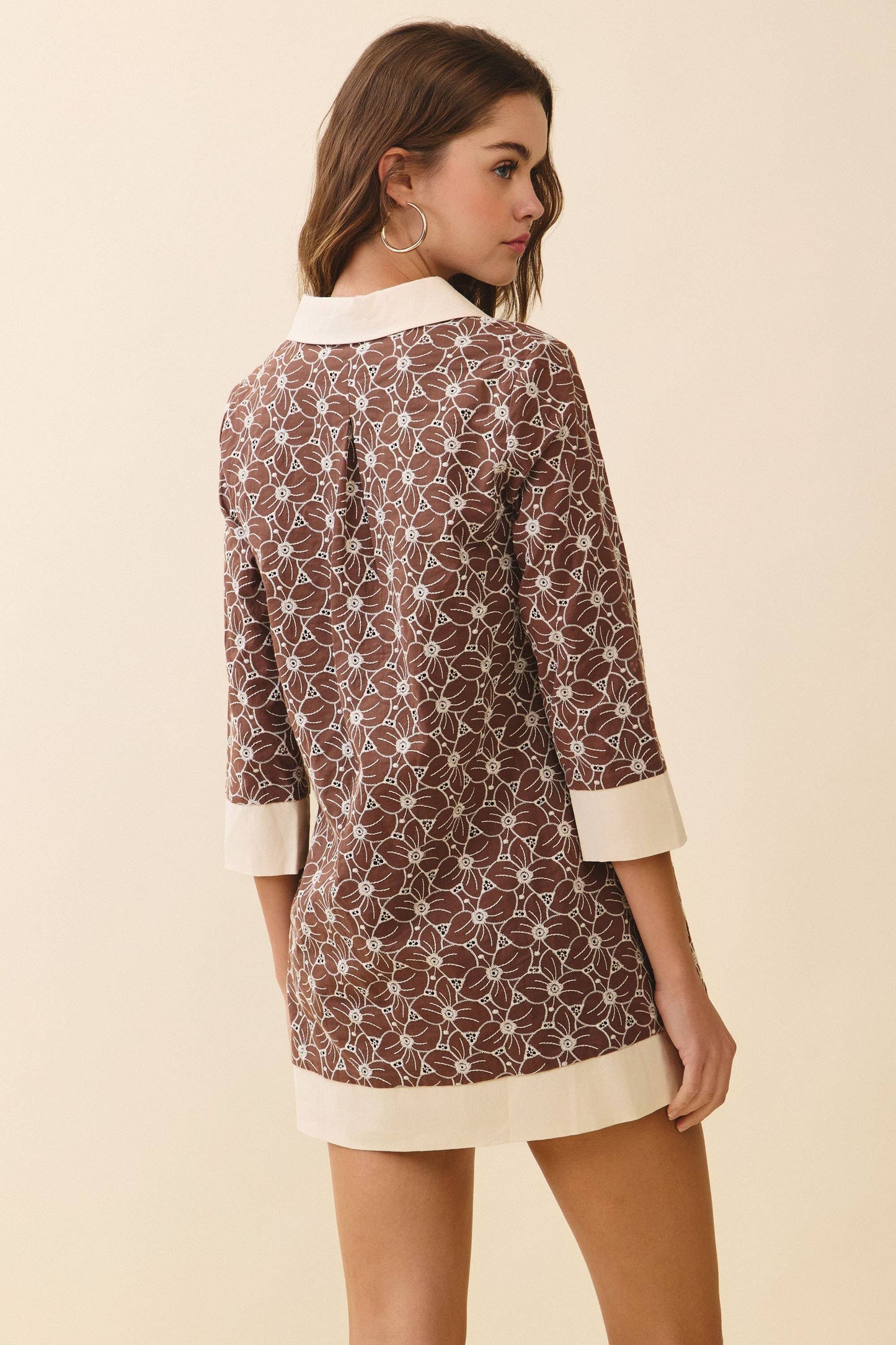 Floral Print Contrast Collar and Hem Tunic Dress