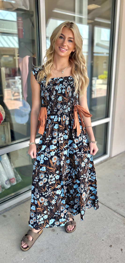 Fall Floral Ribbon Midi Dress