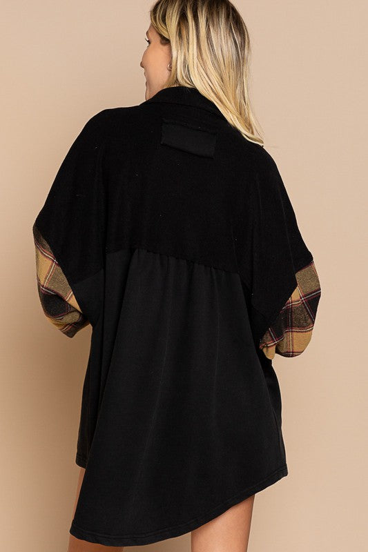 Long Sleeve With Plaid Detail Sleeve Shacket-Drop Ship