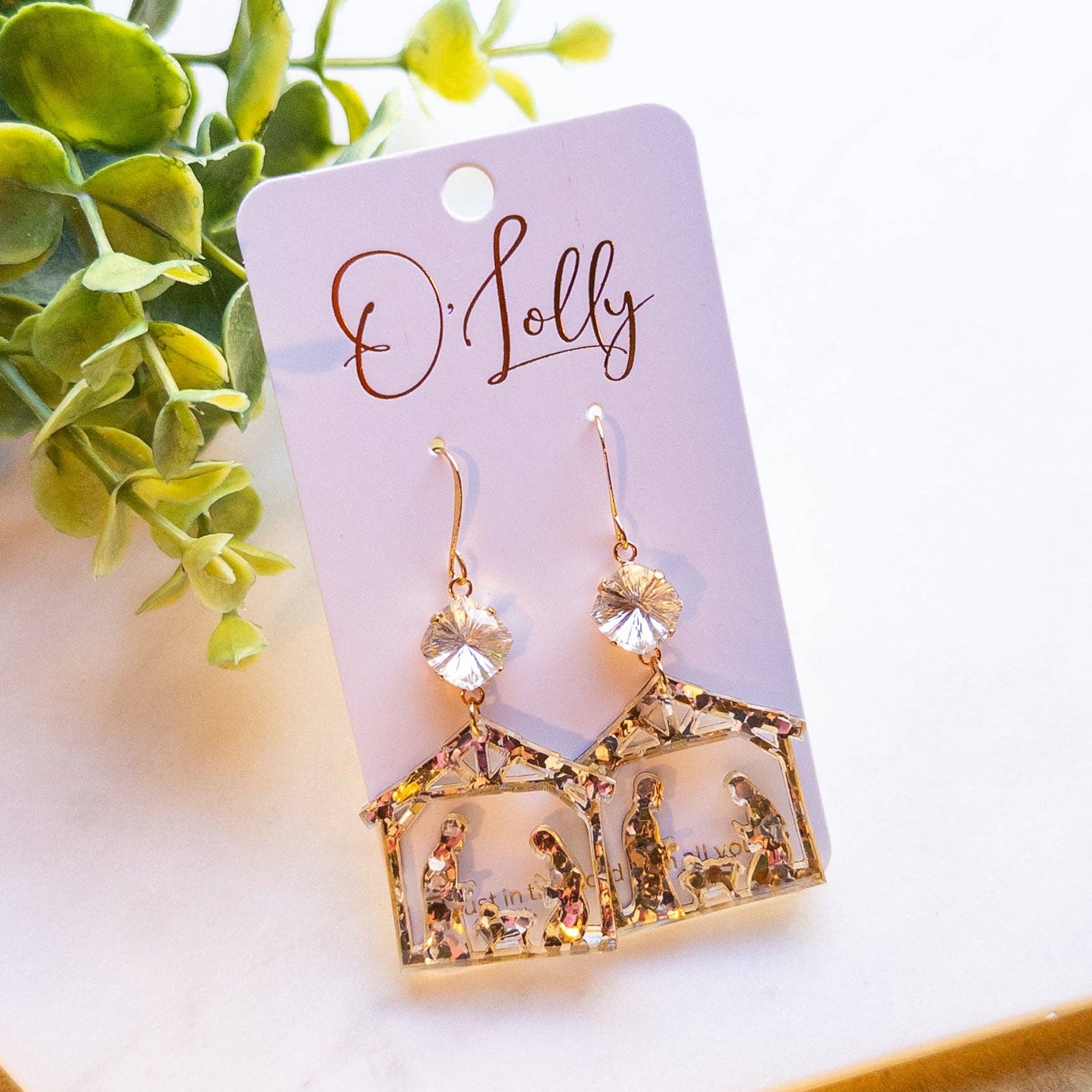 O’Lolly Jewelry - Gold Glitter Acrylic CHRISTmas Nativity Manger Earrings w/Clear Star Burst Stone
