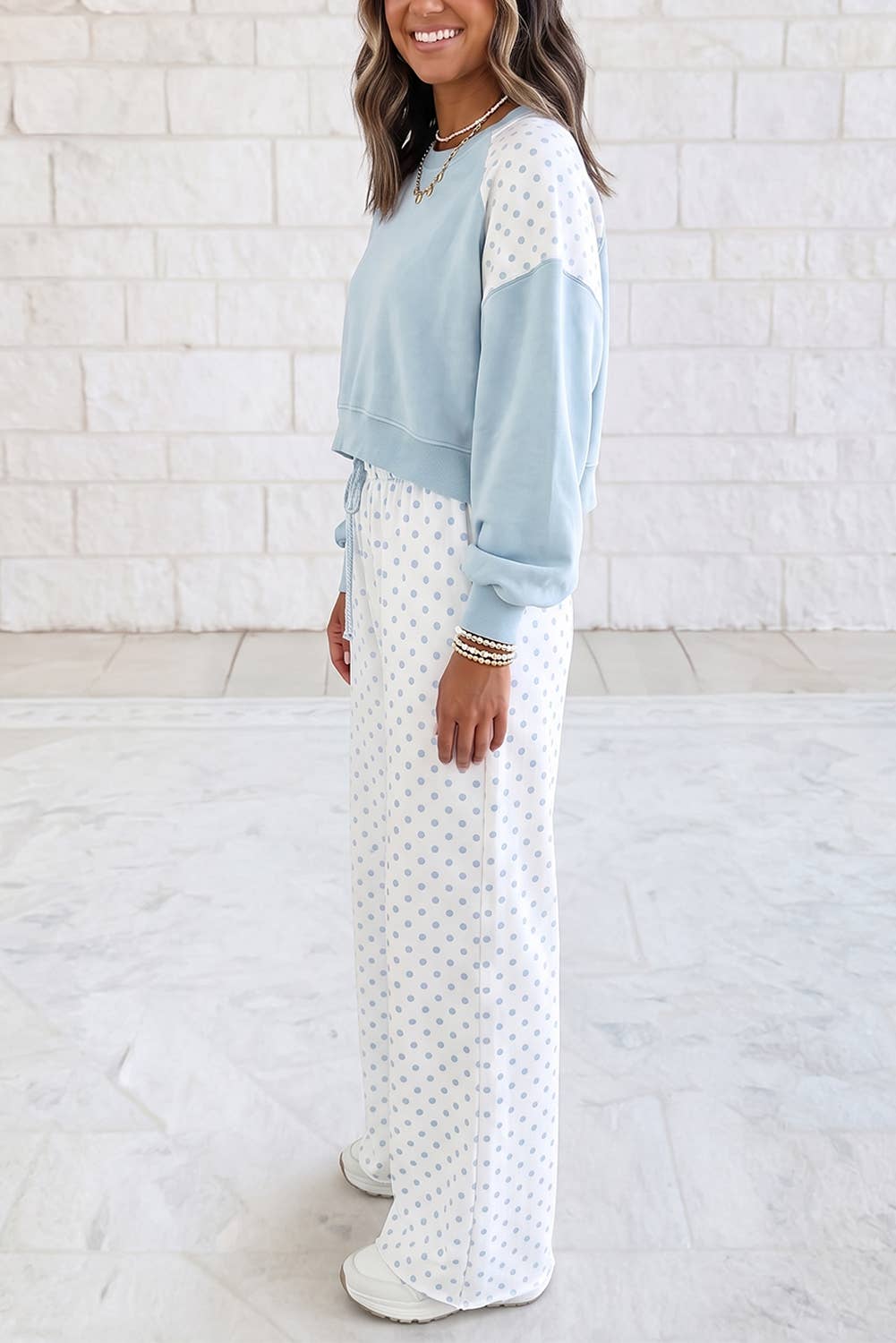 Women's Polka Dot Patchwork Two-Piece Set – Long Sleeve Top & Matching Pants
