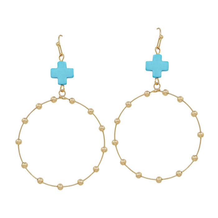 What's Hot - Turquoise Cross Shape with Gold Beaded Open Circle Drop 2" Earring