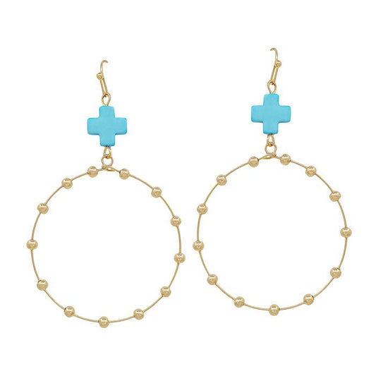 What's Hot - Turquoise Cross Shape with Gold Beaded Open Circle Drop 2" Earring