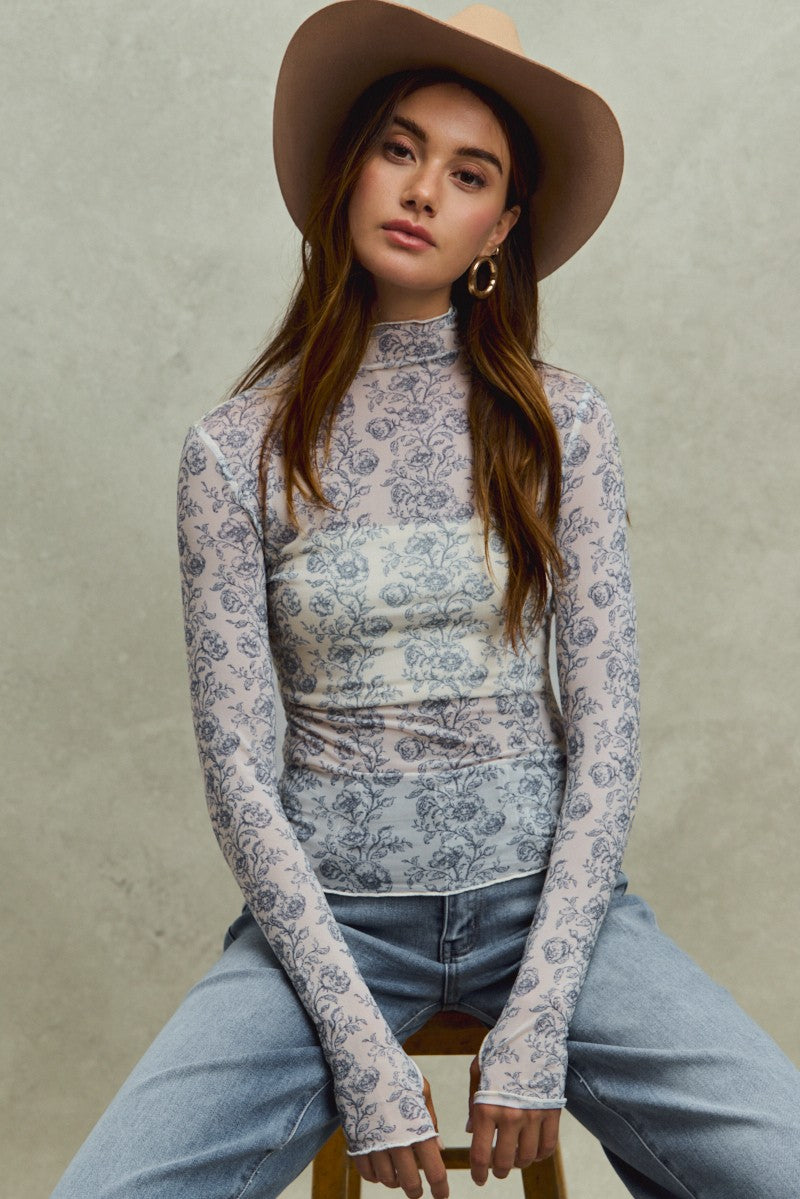 2 Tone Floral Mesh Print Long Sleeve Knit Top