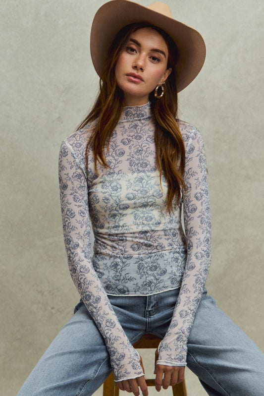 2 Tone Floral Mesh Print Long Sleeve Knit Top