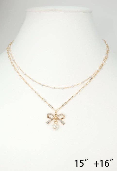 What's Hot - Gold Two Layered Bow and Chain 16"-18" Necklace