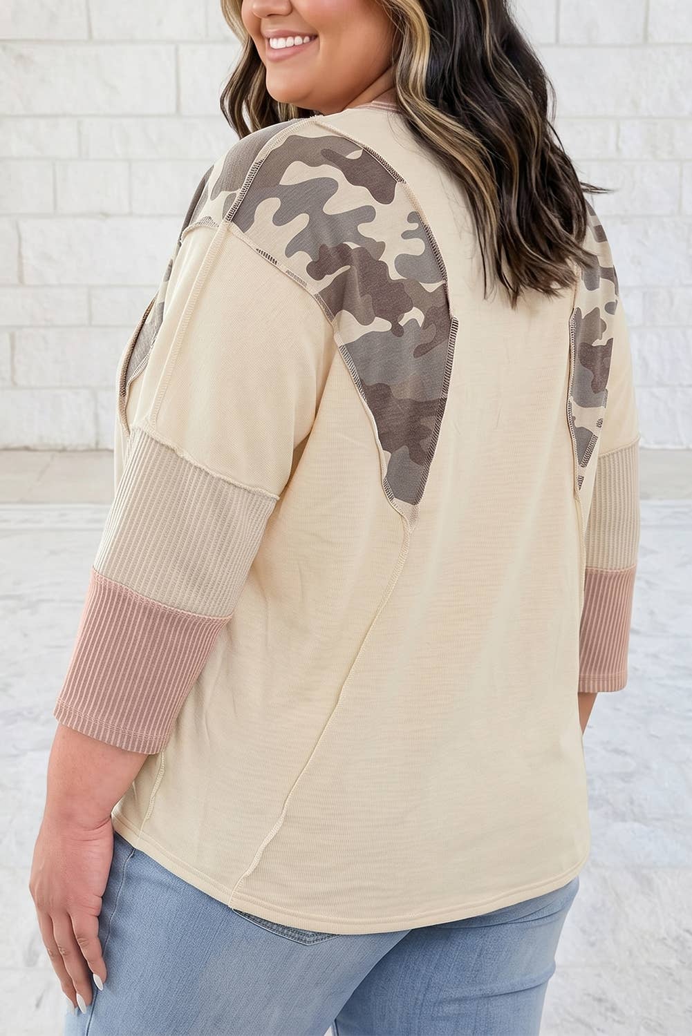 Panel Twist Rib Sleeve Round Neck Loose Fit Plus Size Blouse