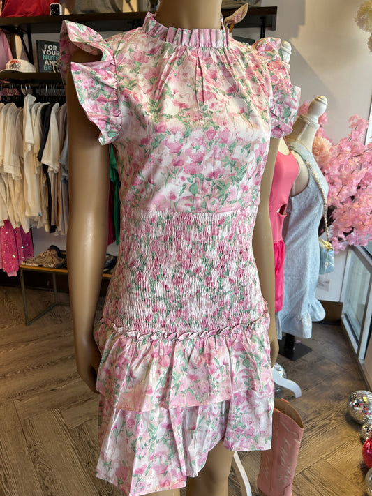 Pink Floral Print Smocked Dress