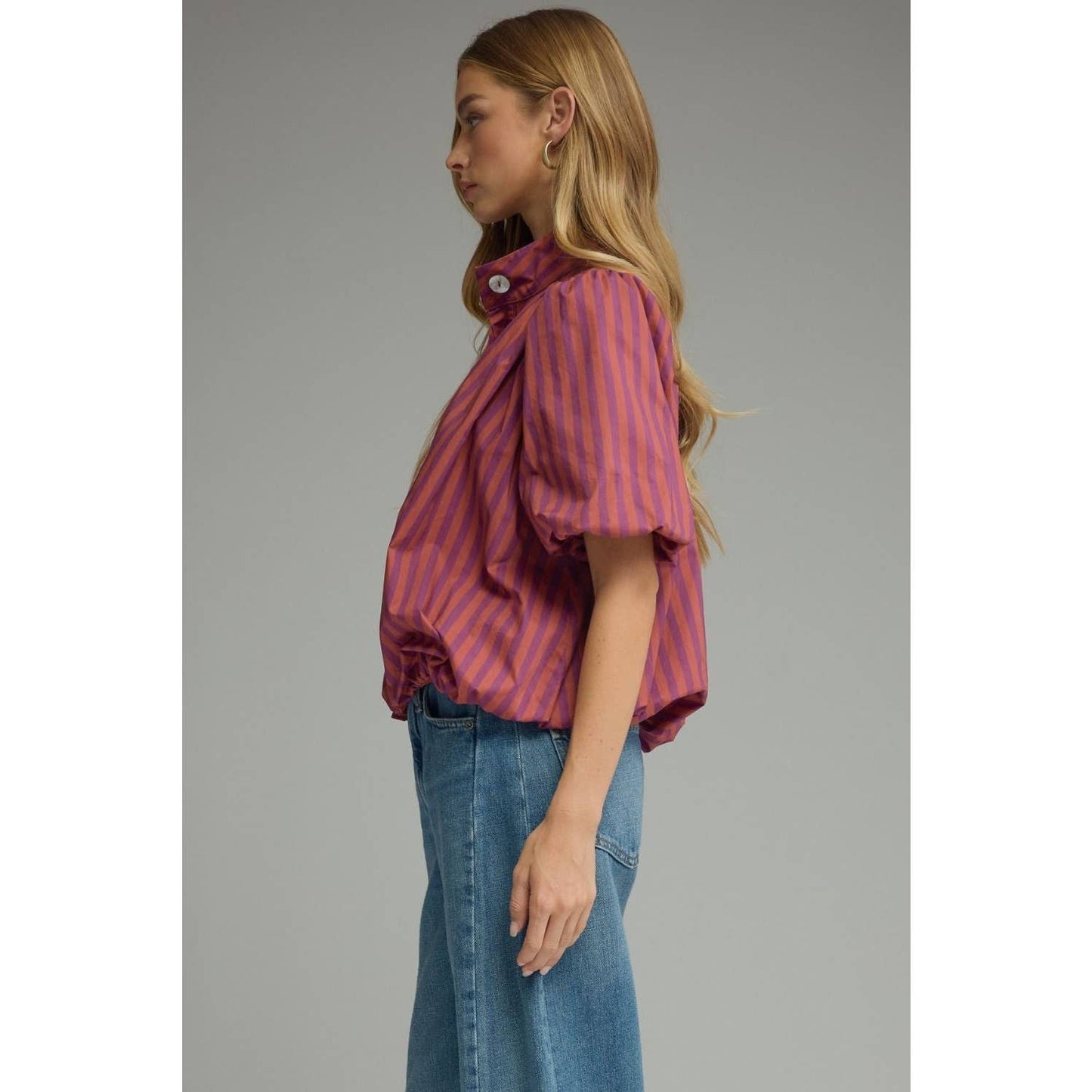 Stripe short puff sleeve top