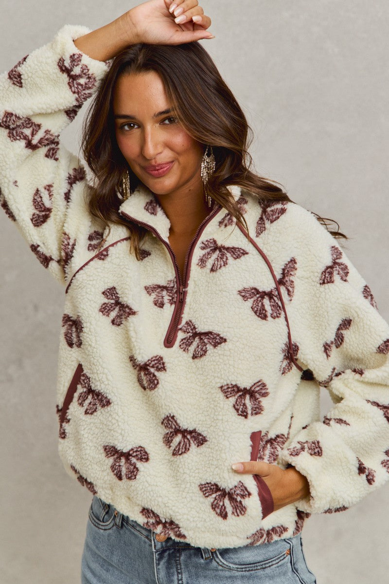 Front Zipper Ribbon Sherpa Pullover Jacket