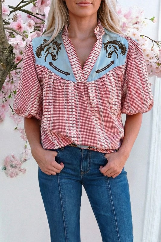 WESTERN PONY EMBROIDERED YOKE PUFF
SLEEVE BLOUSE