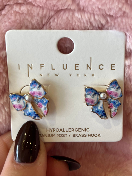 Blue and pink floral butterfly earrings