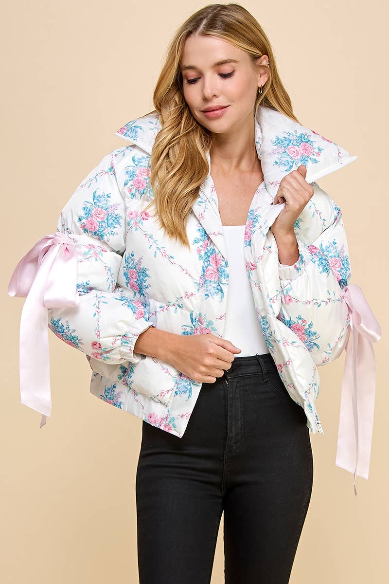 Floral Print Bow Knot Elbow String Puffer Jacket