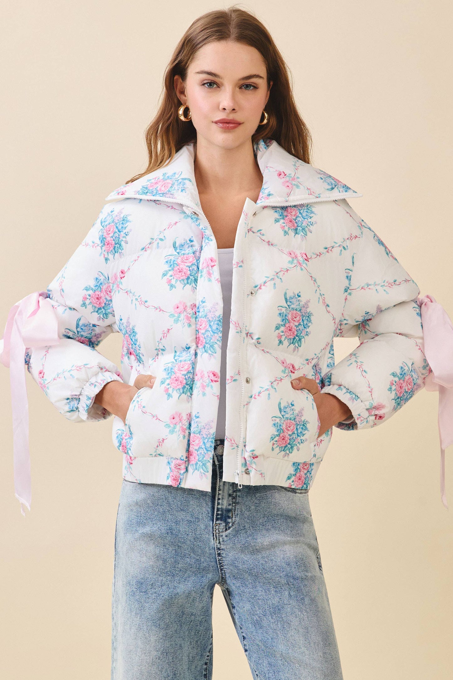 Floral Print Bow Knot Elbow String Puffer Jacket
