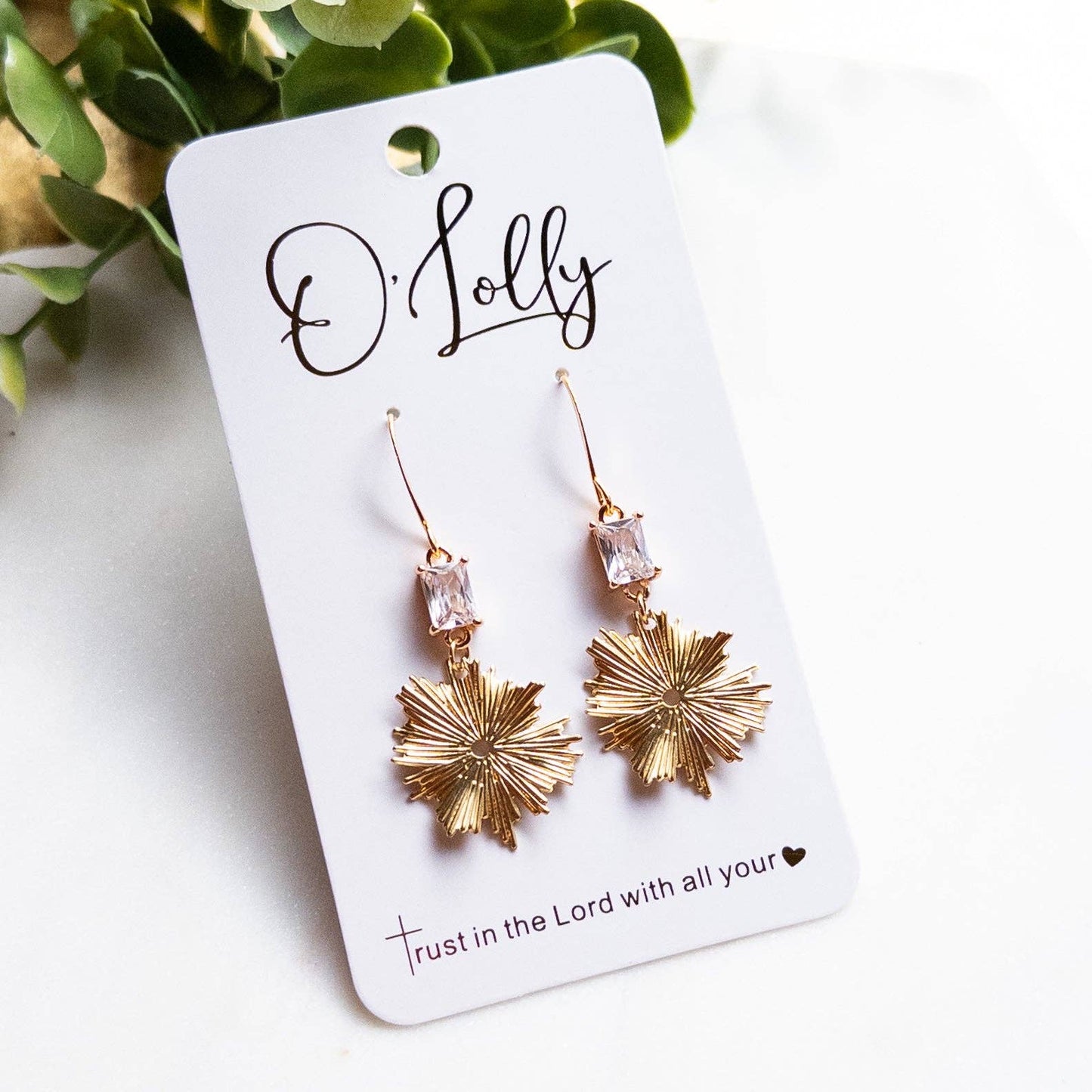 O’Lolly Jewelry - Clear Glass Connector w/Gold Burst Dangle Earrings “Carrie”