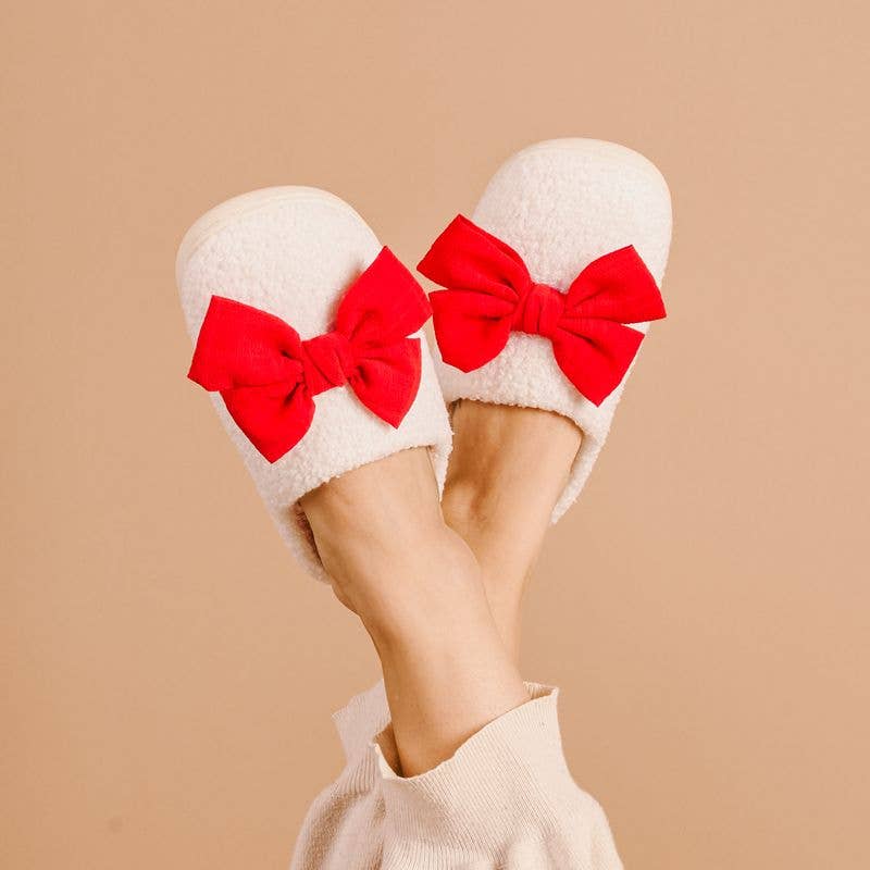 The Darling Effect - Fuzzy Slippers - Betty Bow Red (Shop by Size)