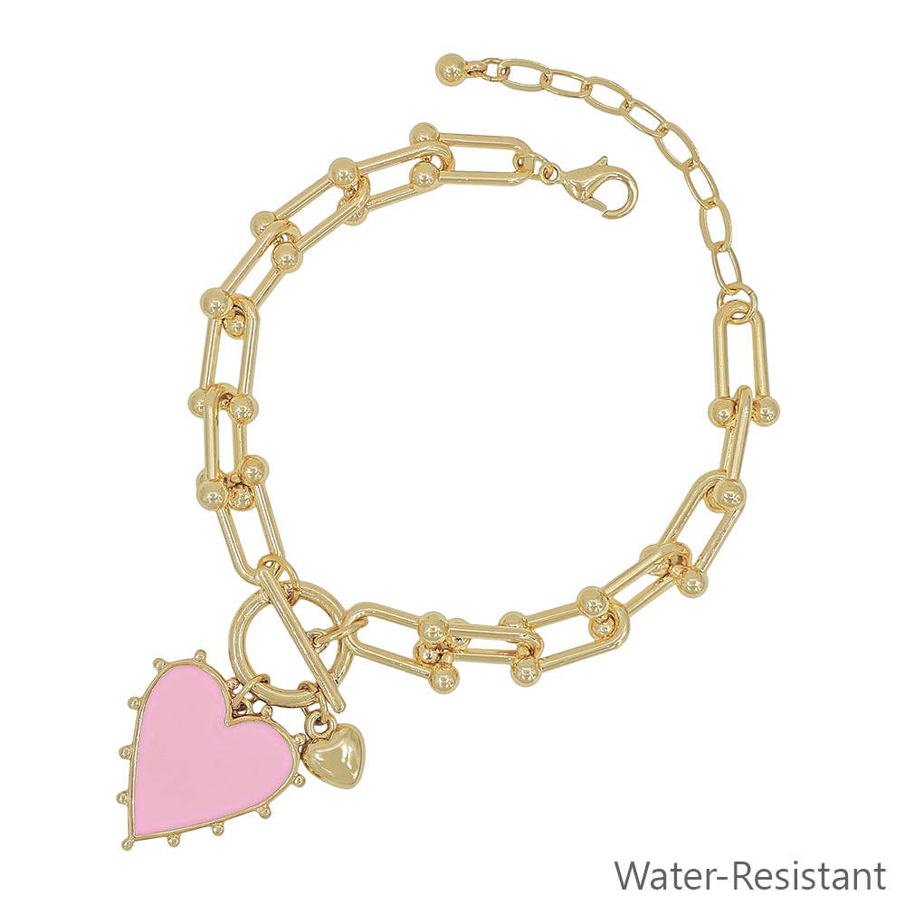 What's Hot - Gold Chain with Pink Studded Heart Charm Bracelet