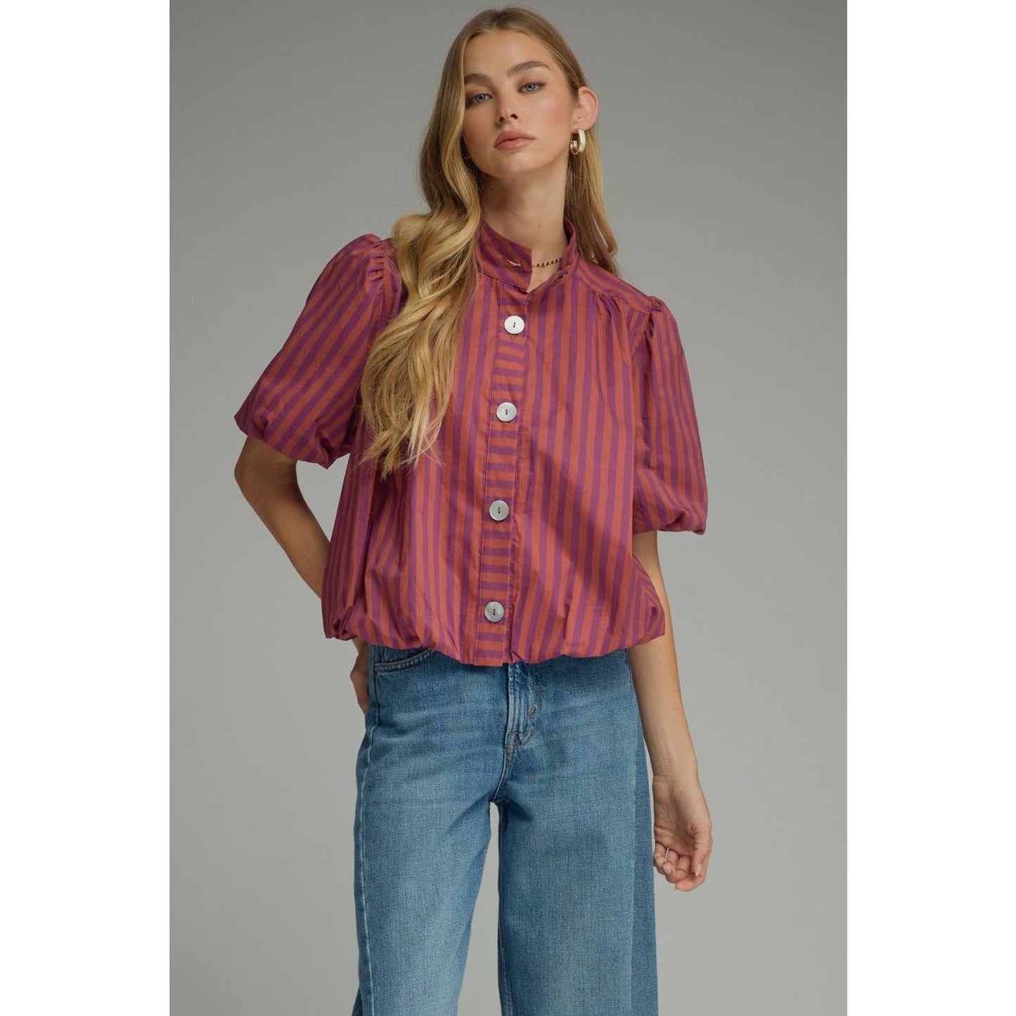 Stripe short puff sleeve top