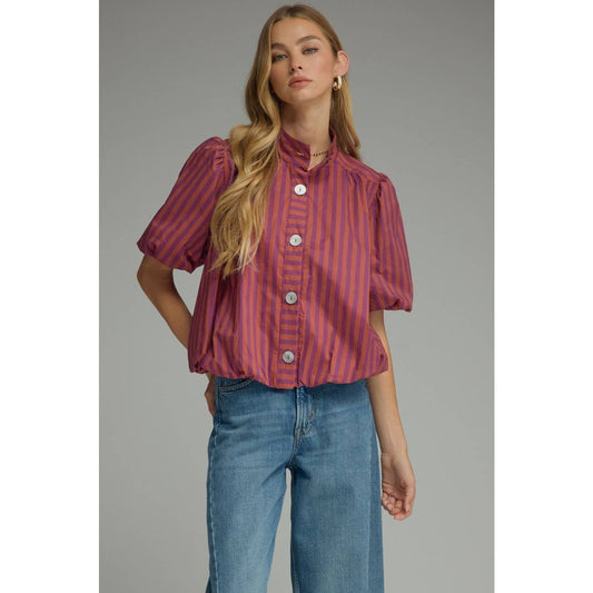 Stripe short puff sleeve top