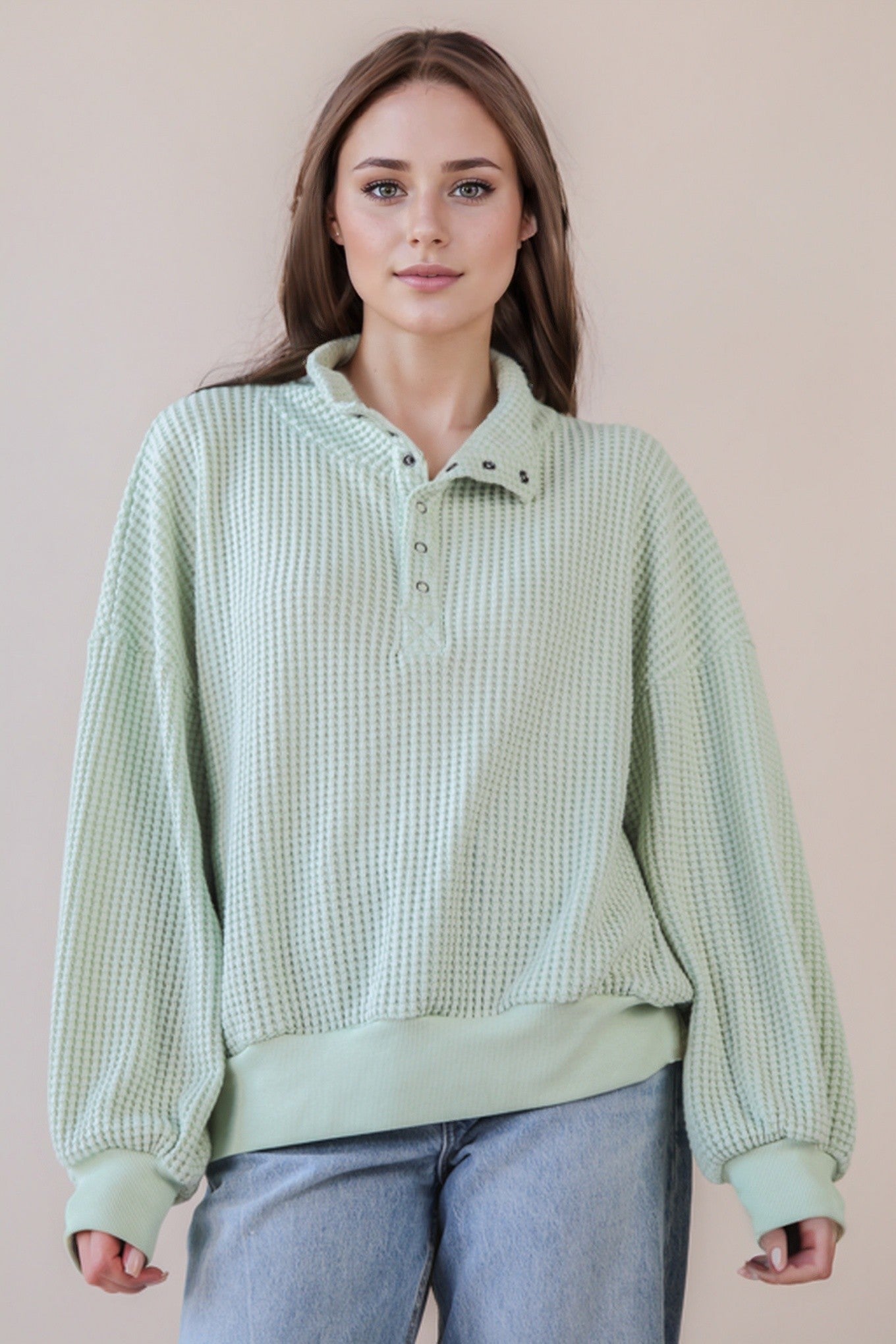 Oversized Half Button-Down Casual Waffle Knit Top