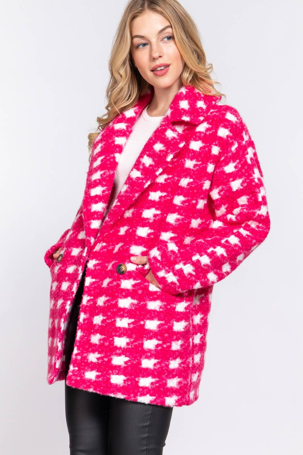 Long Sleeve Double Breasted Check Print Boucle Fleece Coat