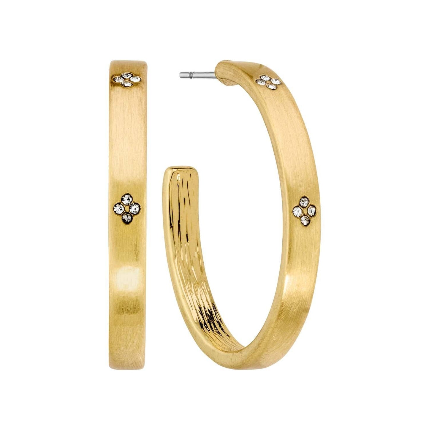 What's Hot - Matte Gold Hoop with Rhinestone Clover Accents 1" Earring