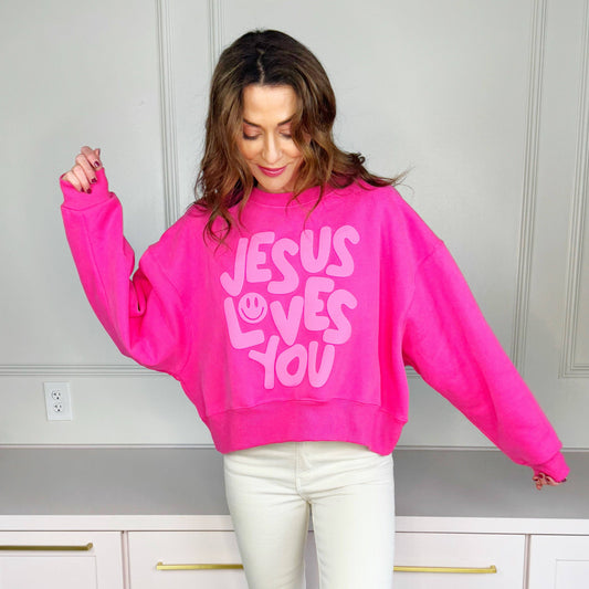 Poppy & Pine - Smiley Jesus Loves You Puff Pink Crop Sweatshirt