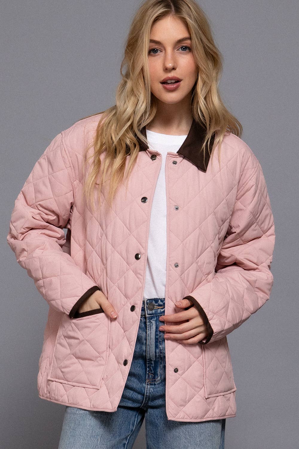 Long Sleeve Contrast Lapel Collar Quilted Puffer Work Jacket