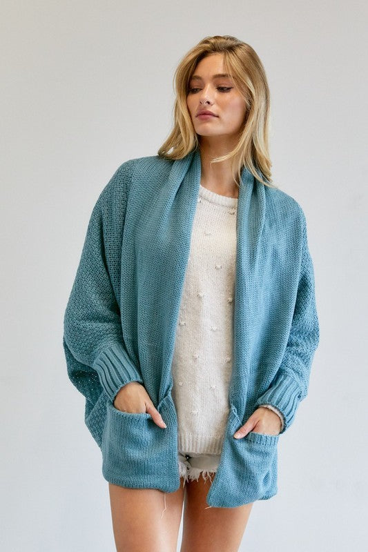 Pattern Knit Dolman Sleeve Solid Slouch Cardigan-Drop Ship