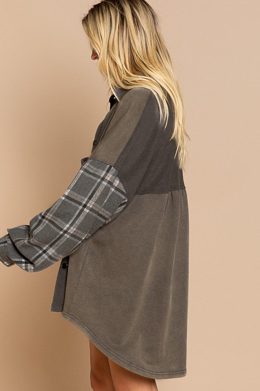 Long Sleeve With Plaid Detail Sleeve Shacket-Drop Ship