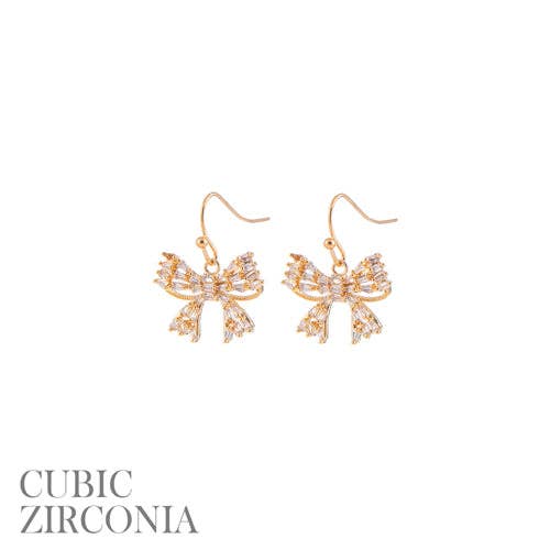 Gold Rhinestone Bow Fishhook 1" Earring
