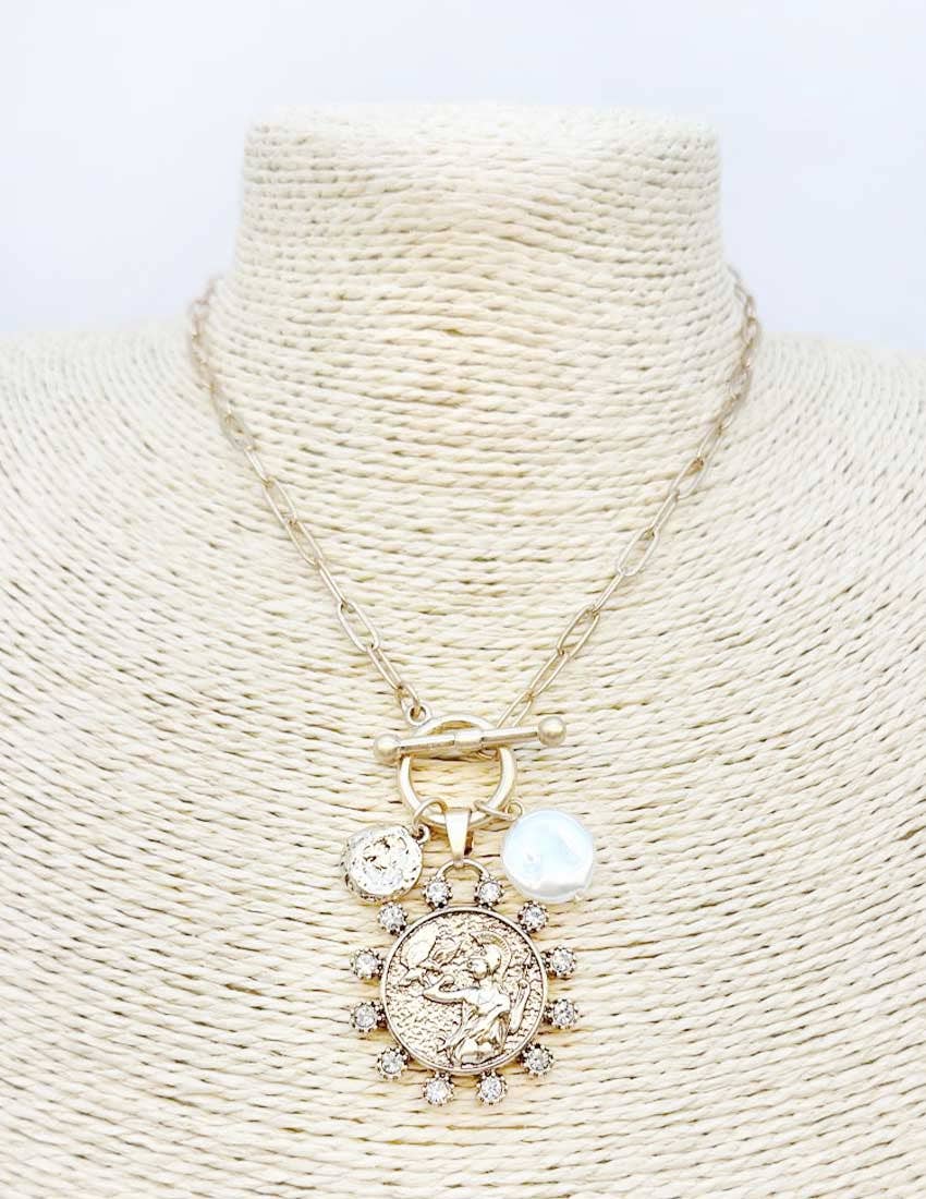 Gold Chain with Pearls and Coins Charm 16"-18" Necklace