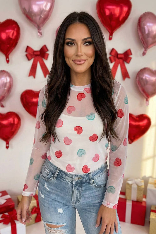 Sheer Mesh Valentines Slogan Heart Printed Top