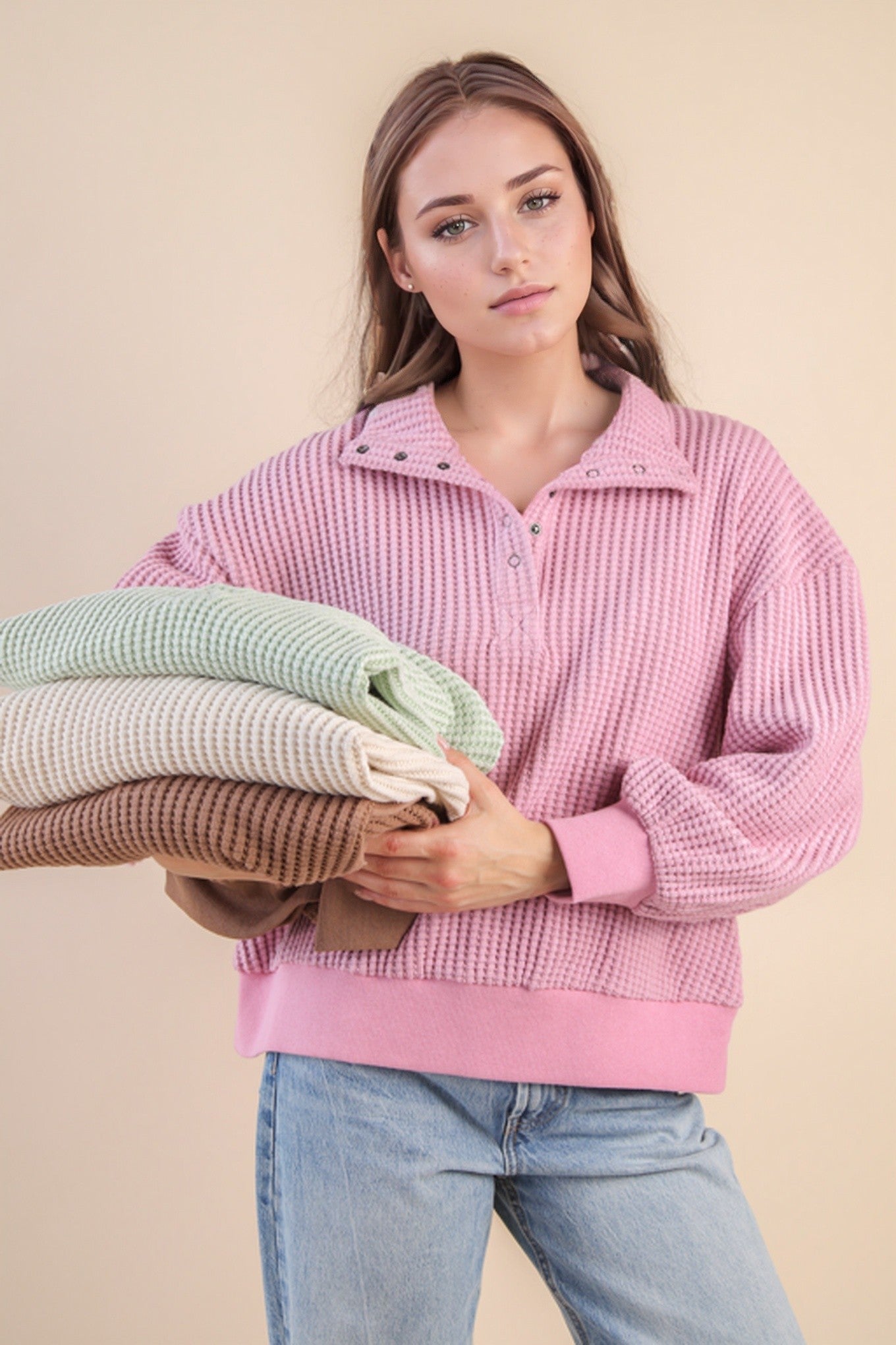 Oversized Half Button-Down Casual Waffle Knit Top