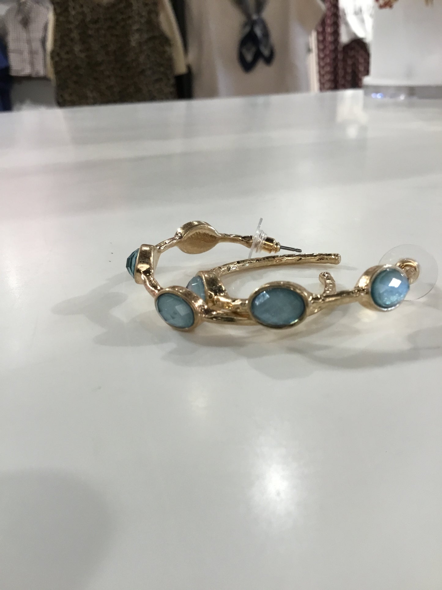 Gold Hoop Earrings with Blue Stone