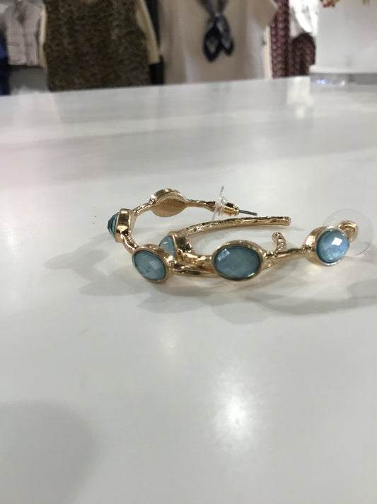 Gold Hoop Earrings with Blue Stone
