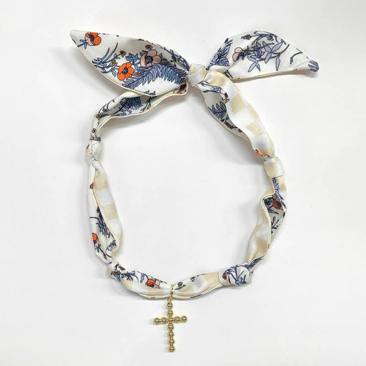 What's Hot - Scarf Necklace Beige/Navy with 1.25" Bubble Cross, VERY POPULAR!!