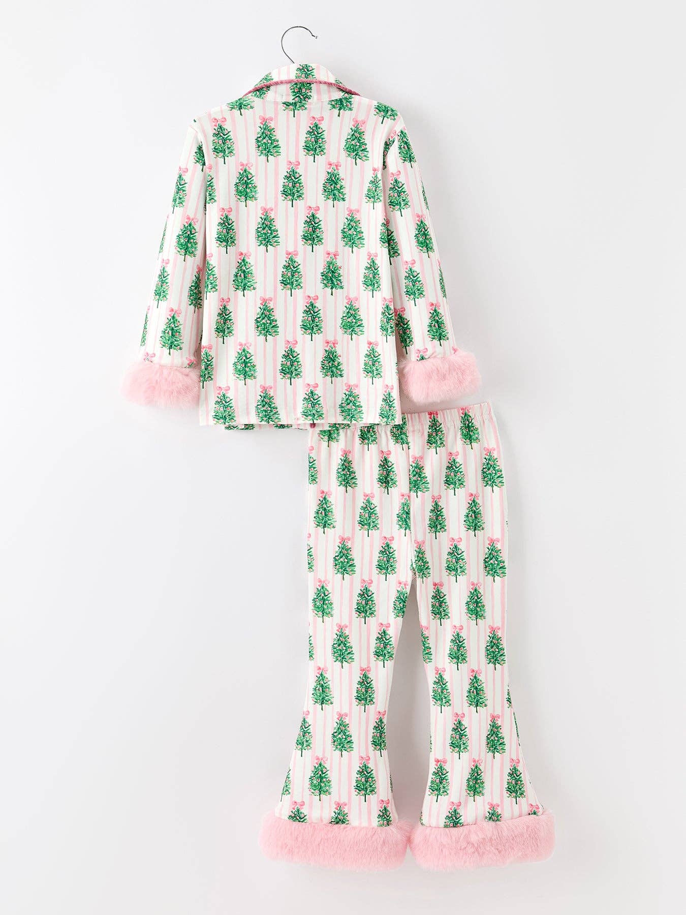 Mommy and Me Christmas Tree Print Pajama Set with Faux Fur Trim
