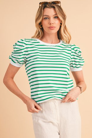 Stripe Puff Sleeve Elegant T-shirt