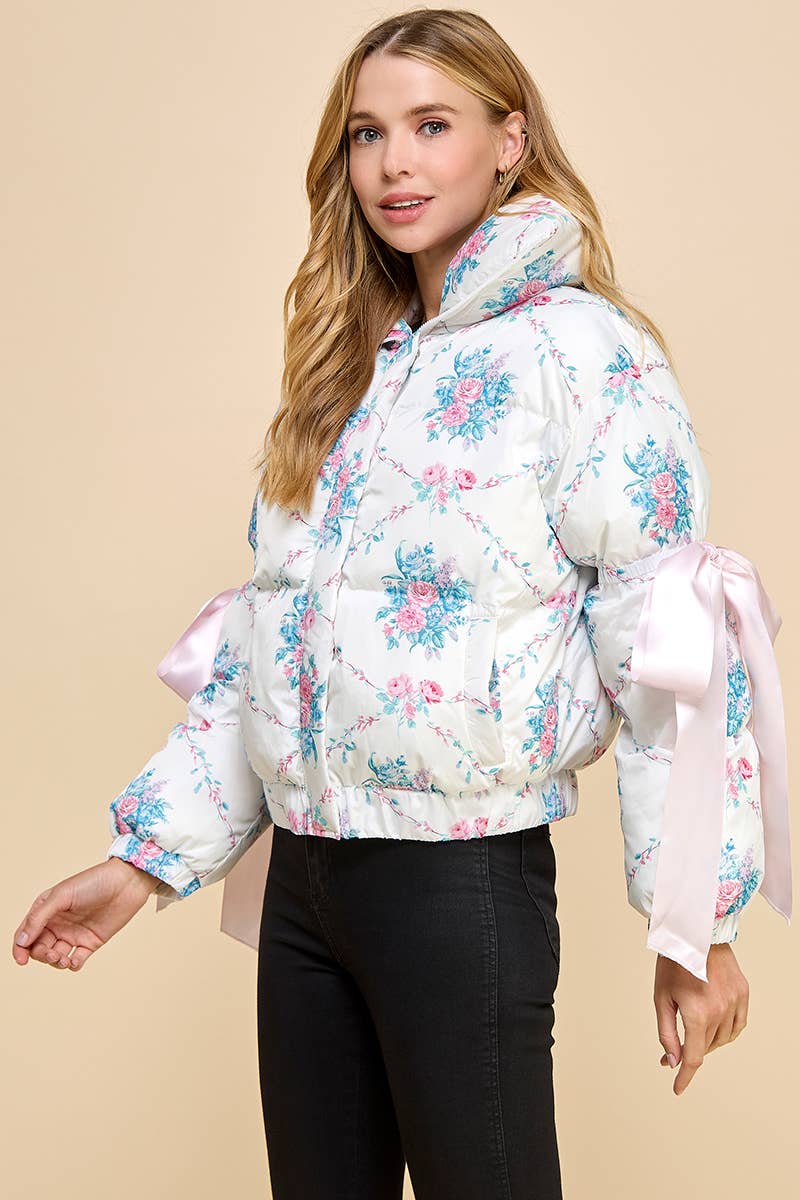 Floral Print Bow Knot Elbow String Puffer Jacket