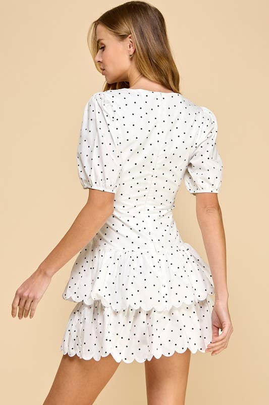 Polka Dot Print Scalloped Hem Puff Sleeves Dress