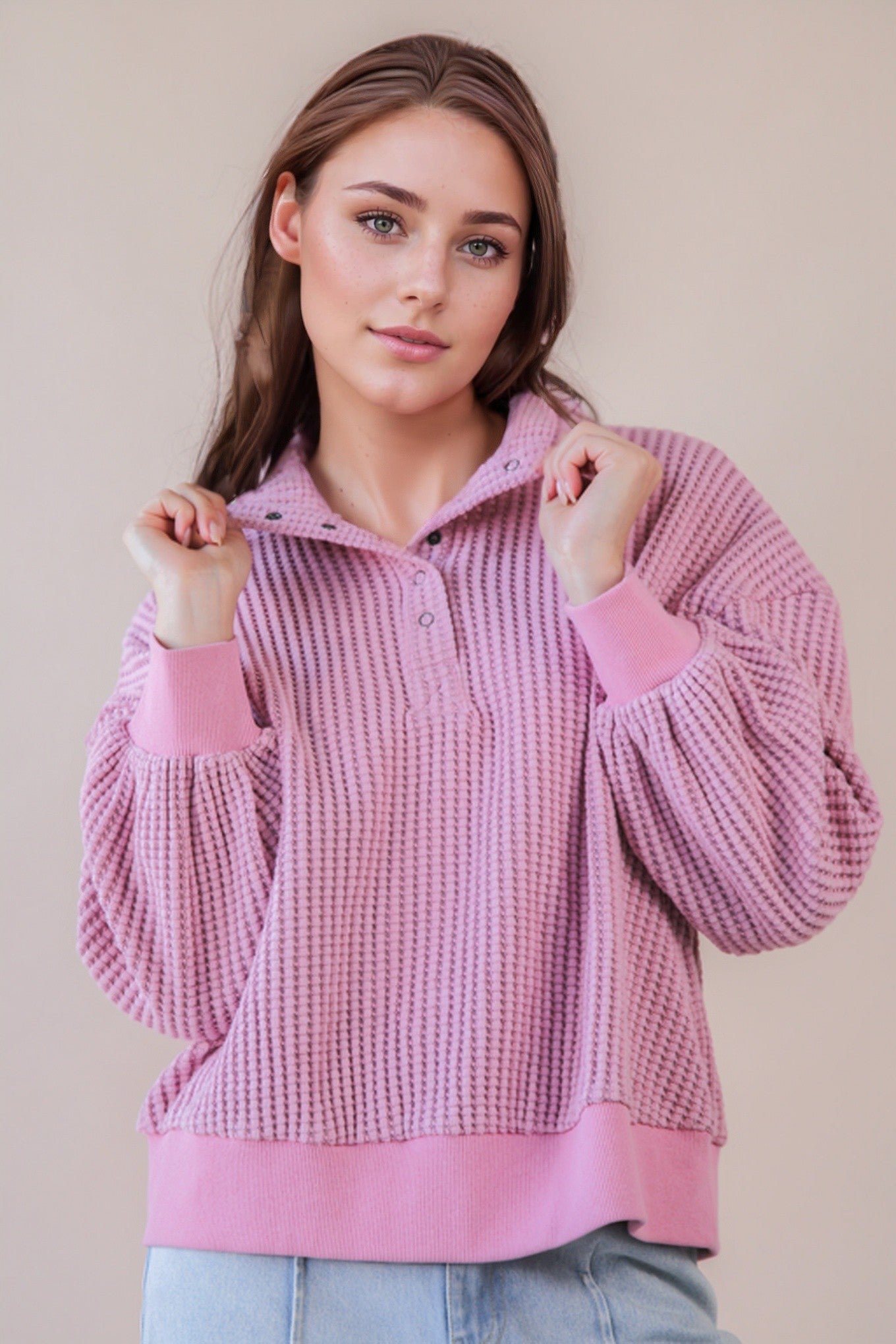 Oversized Half Button-Down Casual Waffle Knit Top