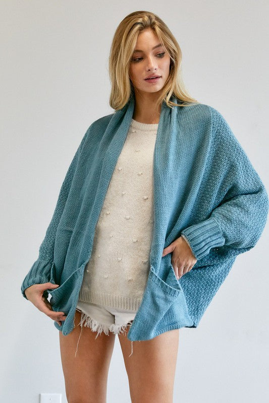 Pattern Knit Dolman Sleeve Solid Slouch Cardigan-Drop Ship