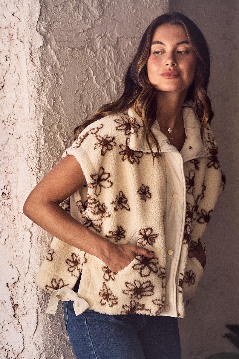 Flower Sherpa Fur Oversized Sleeveless Vest Jacket