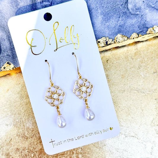 O’Lolly Jewelry - O’Lolly “Diana” Earrings- Gold Flower w/Pearl Teardrop