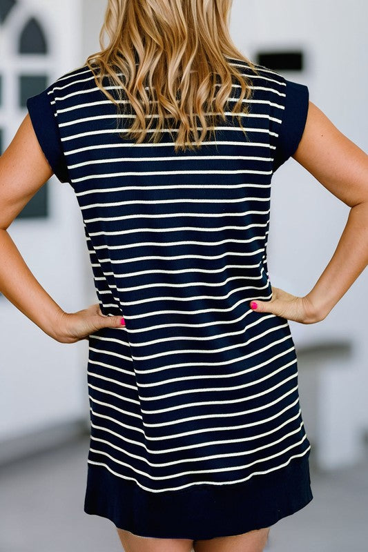 Striped Quarter Zip Collared Cap Sleeve Mini Dress