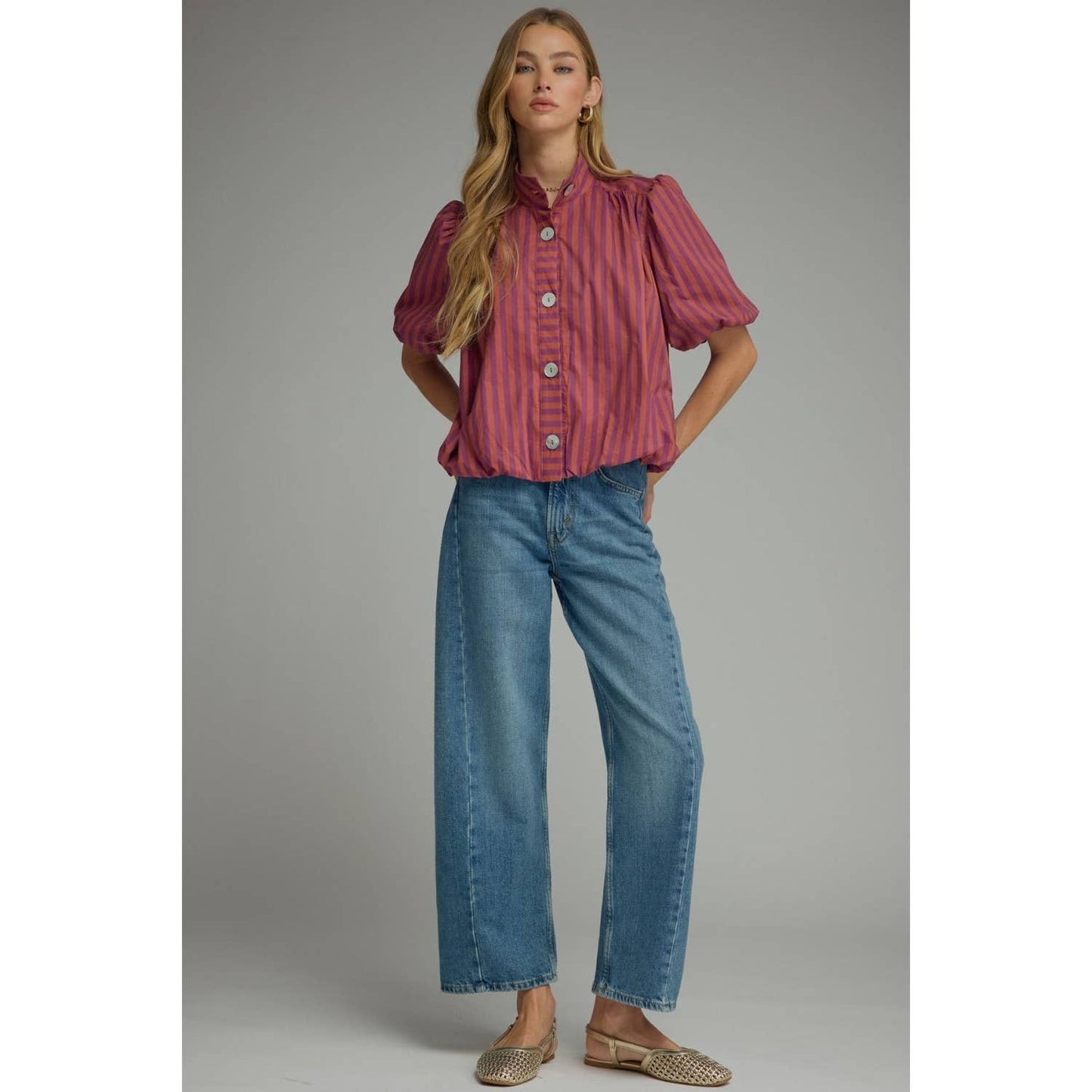 Stripe short puff sleeve top