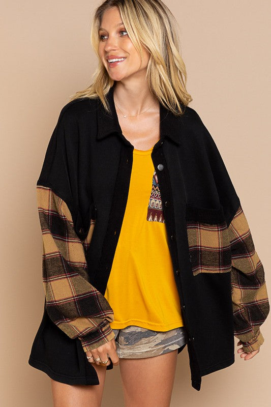 Long Sleeve With Plaid Detail Sleeve Shacket-Drop Ship