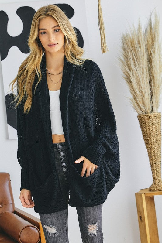 Pattern Knit Dolman Sleeve Solid Slouch Cardigan-Drop Ship