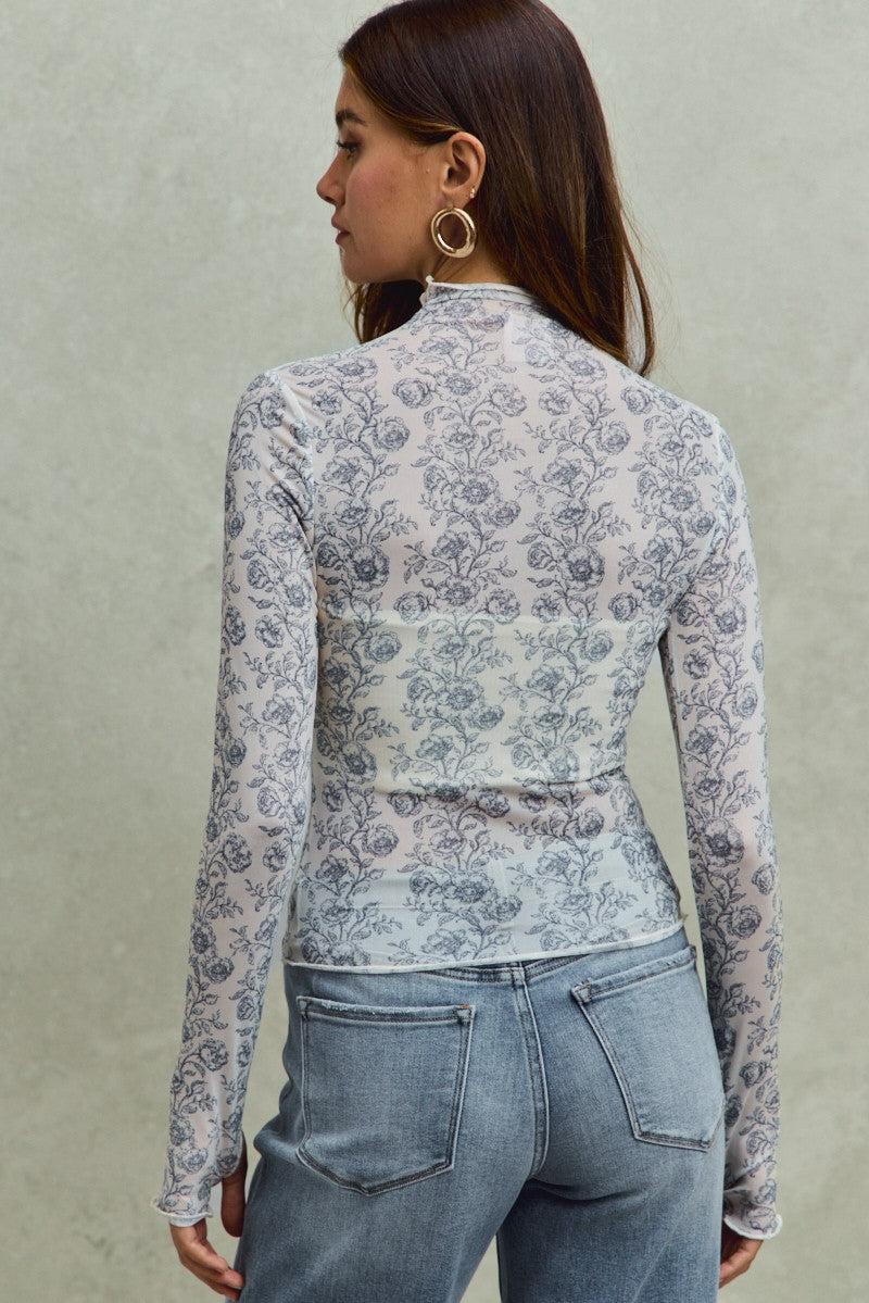 2 Tone Floral Mesh Print Long Sleeve Knit Top